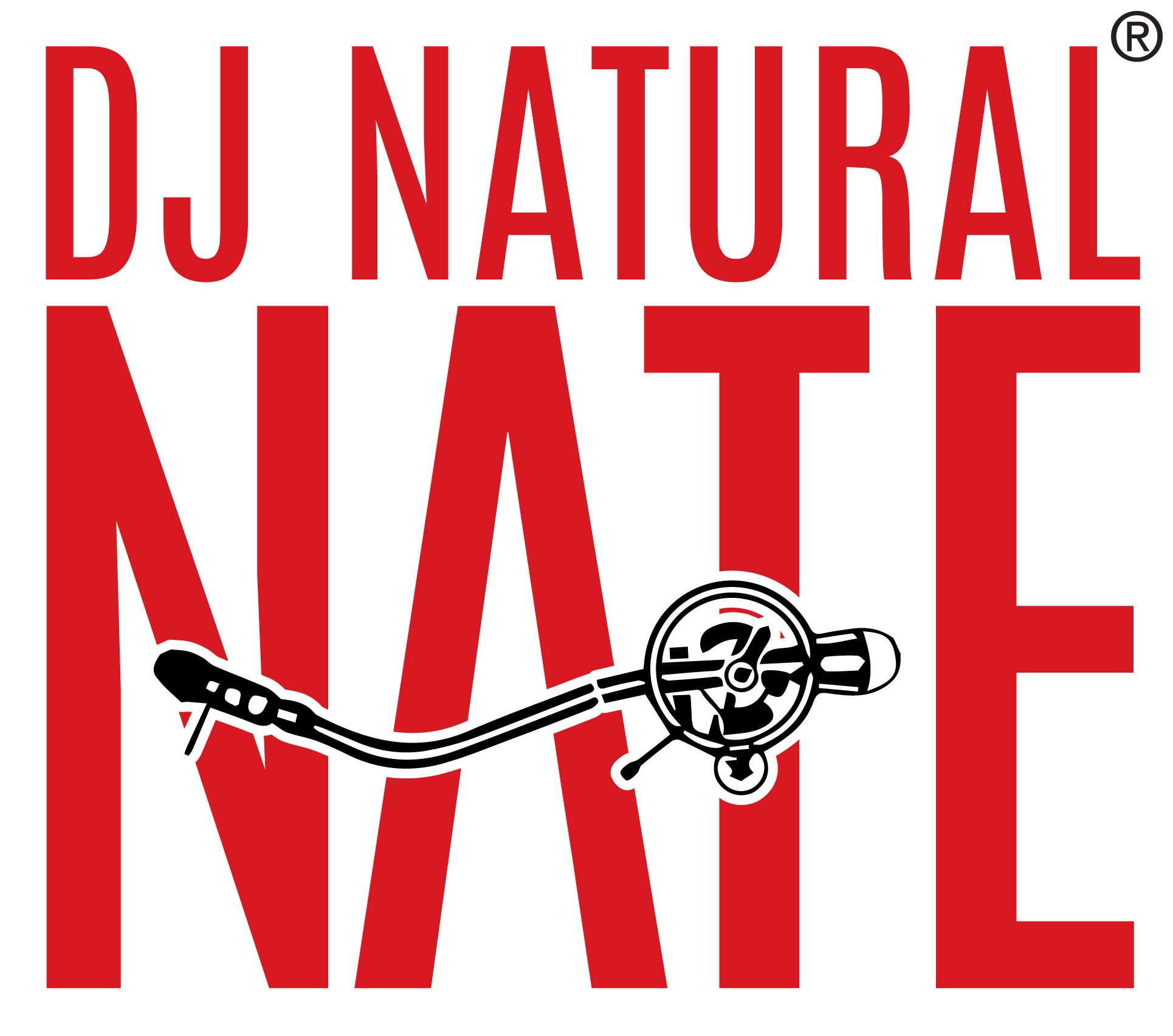 DJ Natural Nate® red block logo, bold stacked uppercase letters with tonearm cartridge illustration and registered trademark